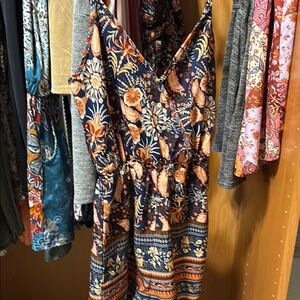 Floral V-Neck Dress - Navy and Orange